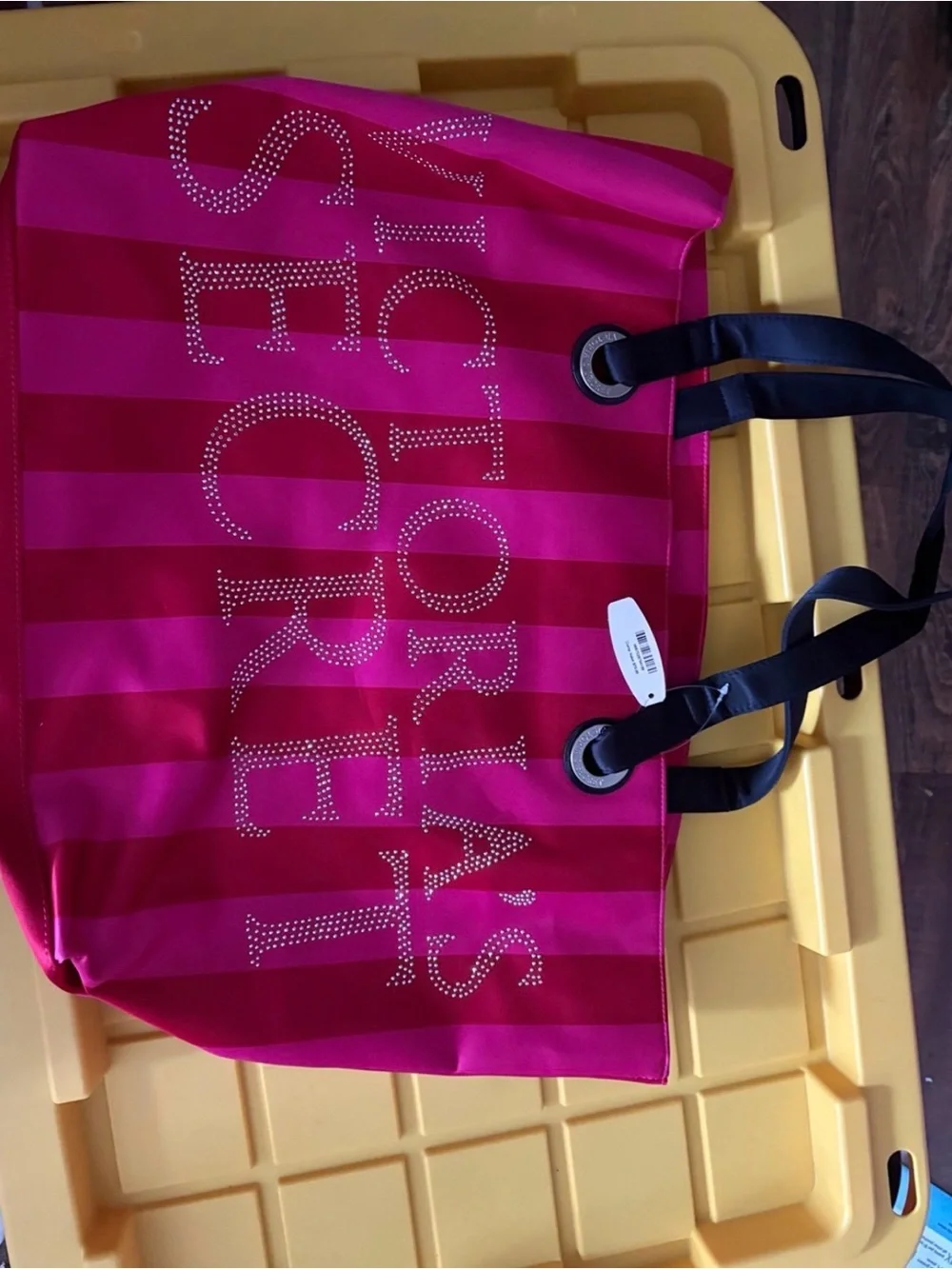 Victoria's Secret Pink Striped Logo Tote with Black Handles